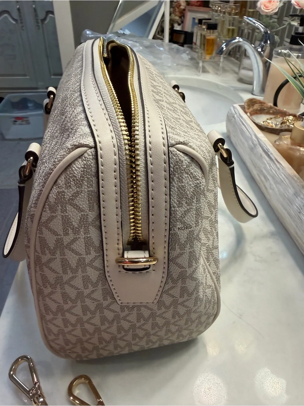 Michael Kors Beige Signature MK Logo Satchel with Gold Hardware